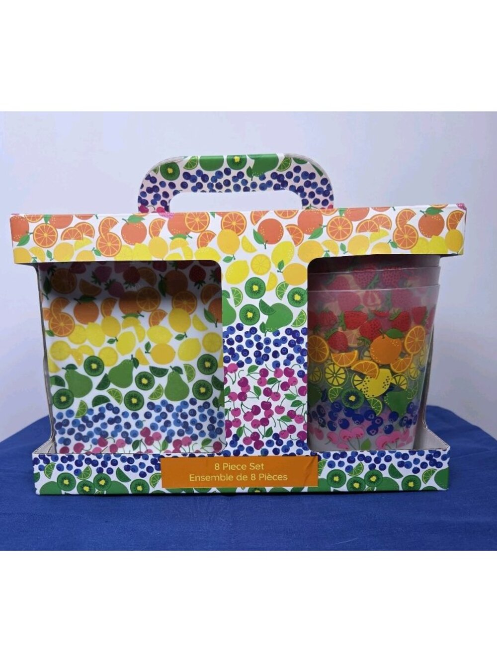 NWT C&C California Home 8 Pc Fruit Melamine Plate & Cup Set Rainbow Unopened